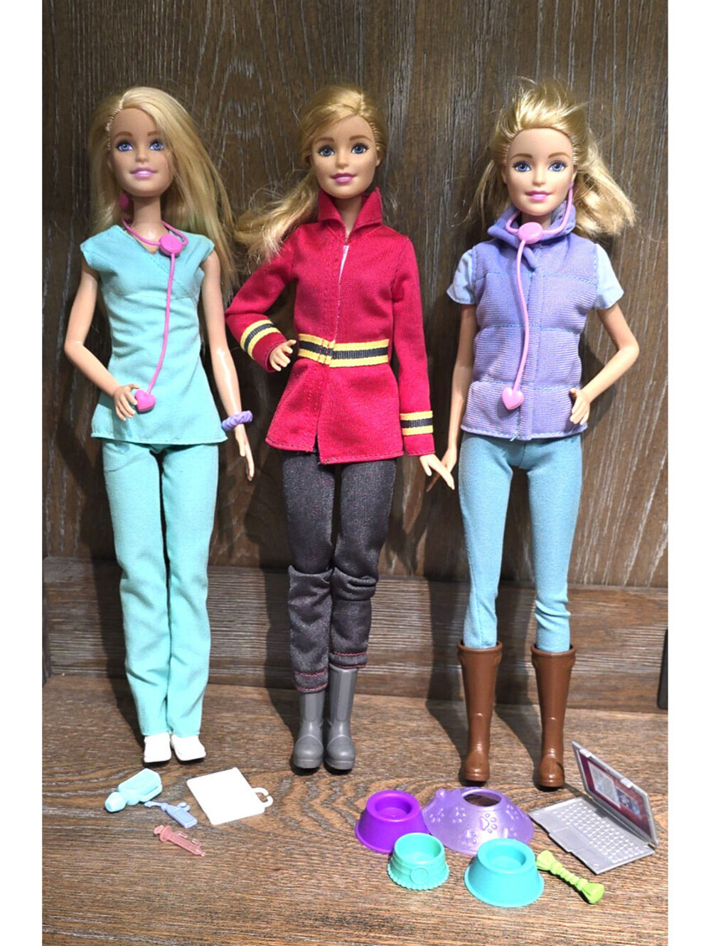 3pc Barbie Doll Lot Doctor Veterinarian Vet Firefighter Some Accessories